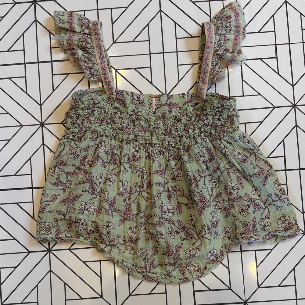 Free People Green Floral Ruffle Top